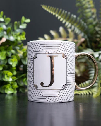 Gold and White Personalised Mug with a Gold Handle and Initial "J" Design