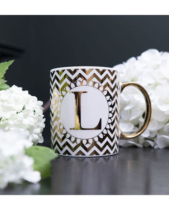 Gold and White Personalised Mug with a Gold Handle and Initial "L" Design