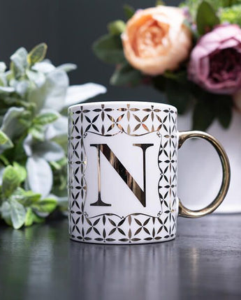 Gold and White Personalised Mug with a Gold Handle and Initial "N" Design