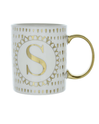 Gold and White Personalised Mug with a Gold Handle and Initial "S" Design