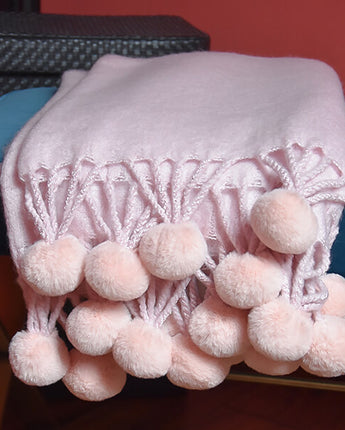 Pink Soft Fluffy Woven Pom-Pom Throw Blanket