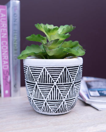 Chic Green Lifelike Succulent in Black and White Geometric Pot