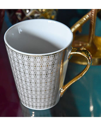 Taupe and Gold Patterned Mug with a Gold Handle