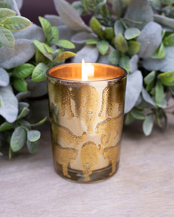 Pomegranate Scented Candle in a Gold Leopard Print Glass Holder