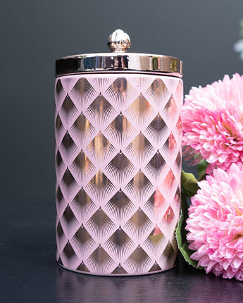 Pink Ceramic Storage Jar with Gold Fan Design