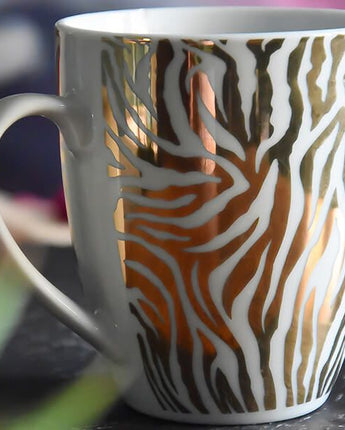 Gold and White Zebra Print Mug with a White Handle