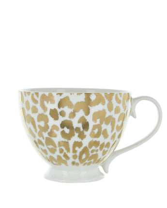 Gold and White Leopard Print Footed Mug with a White Handle