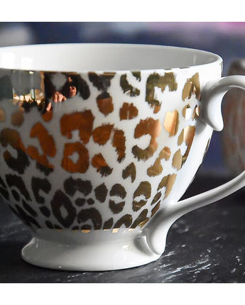 Gold and White Leopard Print Footed Mug with a White Handle