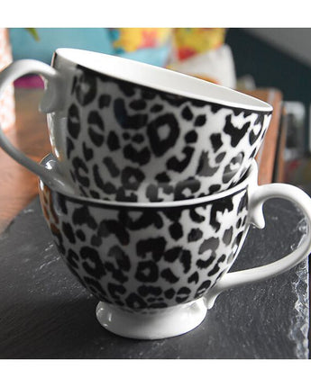 Black and White Leopard Print Footed mug with a Gold Handle