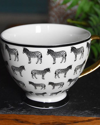 Black and White Zebra Design Footed Mug with a Gold Handle