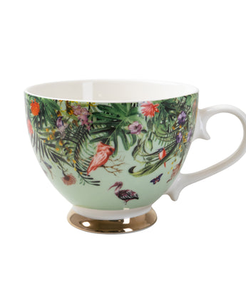 Mint Green Floral Chinoiserie Footed Mug with a White Handle