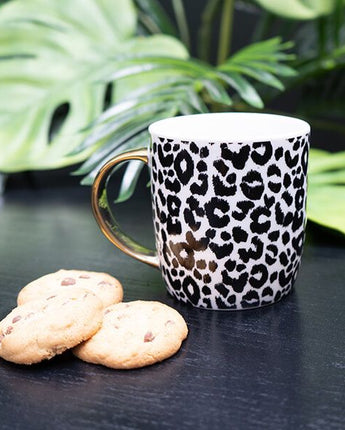 Black and White Leopard Print Mug with Gold Handle