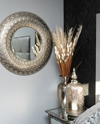 Moroccan Style Round Mirror with Silver Metal Frame