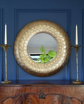 Moroccan Style Round Mirror with Gold Metal Frame