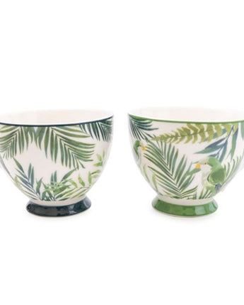 Set of Two Emerald Green Eden Decal Footed Mugs with a White and Green Handle