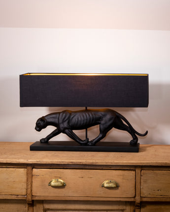 Black Panther Lamp Base with a Black and Gold Lamp Shade