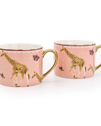 Set of Two Straight Sided Giraffe Mugs with Gold Handles