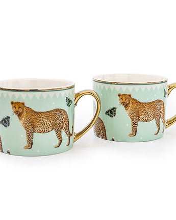 Set of Two Straight Sided Leopard Mugs with Gold Handles