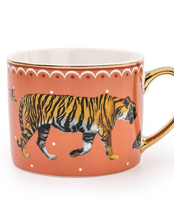 Straight Sided Tiger Print Mug with a Gold Handle