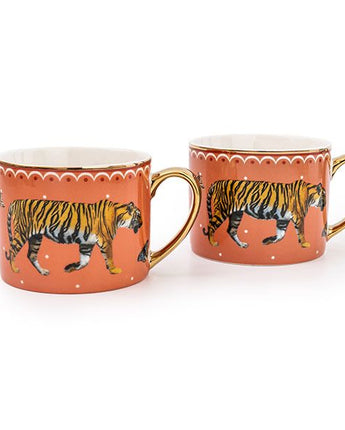 Set of Two Straight Sided Tiger Mugs with Gold Handles