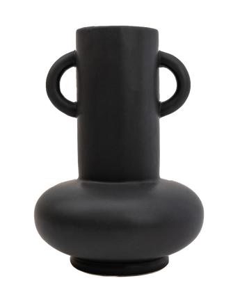 Matt Black Bulbous Vase with a Distinguished Long Neck and Handles