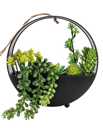 Sleek Lifelike Green Succulent in Chic Round Metal Hanging Pot