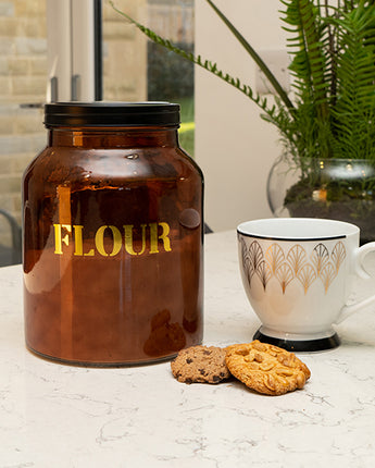 Vintage Style Glass "Flour" Storage Jar in Amber Gold