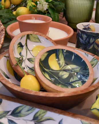 13CM Round Dish With Enamel Inlay Mediterranean Lemons - Green