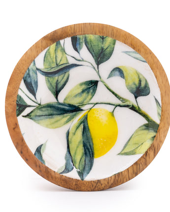 13CM Round Dish With Enamel Inlay Mediterranean Lemons - White