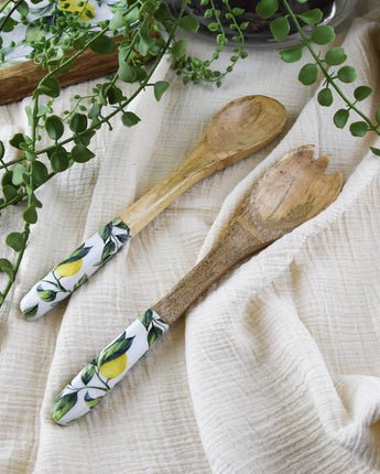 Set Of 2 Wooden Fork/Spoon With Enamel Inlay