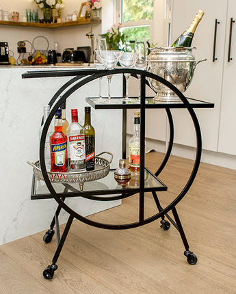 Art Deco Style Black Metal Drinks Trolley with Staggered Glass Shelves