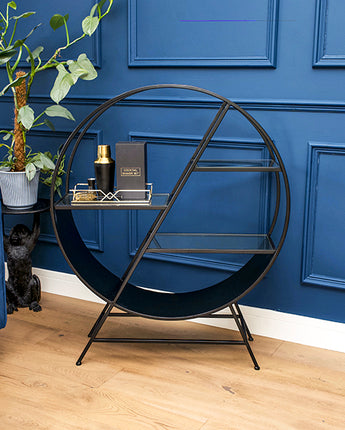 Art Deco Style Black Metal Console Table with Staggered Glass Shelves