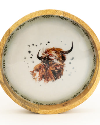 Round Mango Wood Tray with Luxe Highland Cow Enamel Design