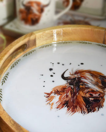 Round Mango Wood Tray with Luxe Highland Cow Enamel Design