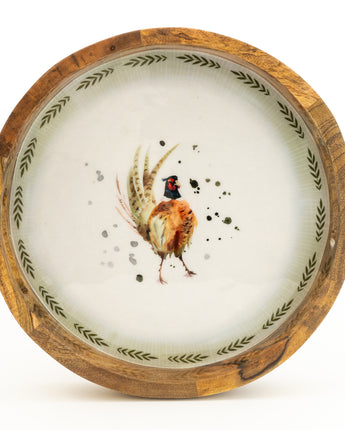 Round Mango Wood Tray with Luxe Pheasant Enamel Design