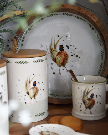 Round Mango Wood Tray with Luxe Pheasant Enamel Design