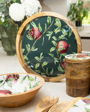 30cm Round Tray with Enamel Inlay Pomegranate - Green