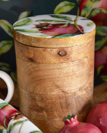 Small Storage Jar Mango Wood with Enamel Inlay Pomegranate - White