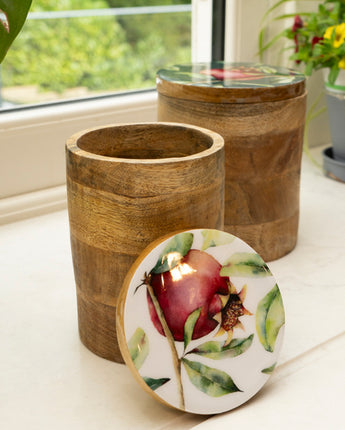 Small Storage Jar Mango Wood with Enamel Inlay Pomegranate - White