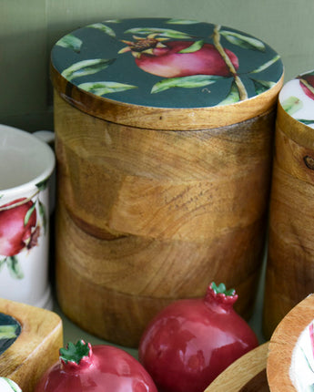 Large Storage Jar Mango Wood with Enamel Inlay Pomegranate - Green