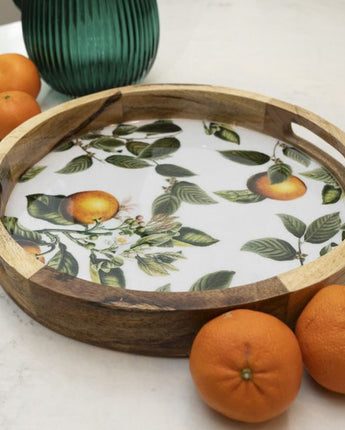 30cm Round Tray with Enamel Inlay Orange Blossom - White