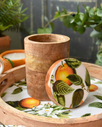 Small Storage Jar Mango Wood with Enamel Inlay Orange Blossom - White