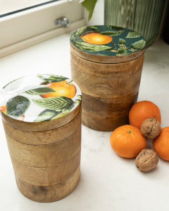 Large Storage Jar Mango Wood with Enamel Inlay Orange Blossom - Green