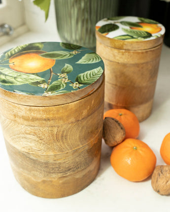 Large Storage Jar Mango Wood with Enamel Inlay Orange Blossom - Green