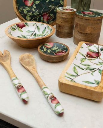 Set of 2 Wooden Fork/Spoon with Enamel Inlay Pomegranate - White