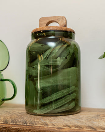 Stylish Green Glass Storage Jar with Chic Wooden Lid