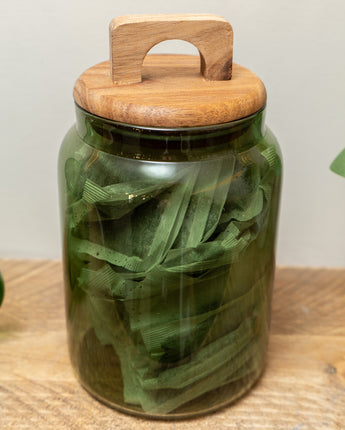 Stylish Green Glass Storage Jar with Chic Wooden Lid