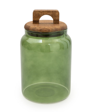 Stylish Green Glass Storage Jar with Chic Wooden Lid