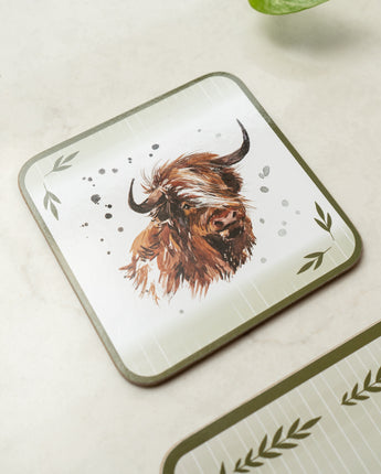 Exquisite Set of Four Highland Cow Design Coasters