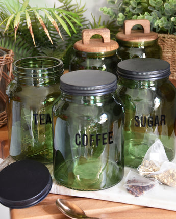 Chic Glass Storage Jar – Stylish Green & Black 'Sugar' Design